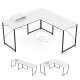 L-shaped computer desk in white with power outlets, monitor shelf, and robust metal frame for versatile workspace.