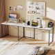 L-shaped computer desk in white showcasing a side view, featuring a movable monitor shelf and built-in power outlets.