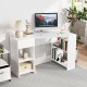 L-shaped white computer desk with storage shelves and drawer, ideal for workspace, gaming, or study use.
