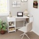 L-shaped white corner desk with drawer and shelves, ideal for workspace organization and efficient use of space.