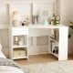L-shaped white corner desk with shelves and drawer, ideal for workspace, gaming, or vanity use.