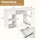 L-shaped white computer desk with dimensions, featuring a drawer and shelves for storage, ideal for workspace.