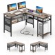 L-shaped computer desk in gray with charging station, adjustable shelf, and ample storage for home office use.