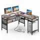 L-shaped computer desk in gray with charging station, adjustable shelf, and spacious design for home office use.