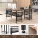 L-shaped computer desk with gray finish, featuring a metal frame, adjustable shelf, and built-in charging station for.
