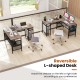 L-shaped computer desk in gray with large desktop and mesh shelves for organized office supplies and efficient.