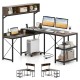 L-shaped computer desk with storage hutch, built-in power outlets, and metal frame for a tidy workspace.