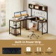 L-shaped computer desk with built-in power strip, USB and Type-C ports, and storage hutch for organized workspace.