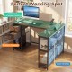 L-shaped desk in rustic brown with spacious desktop, open shelves, and 2 fabric drawers for versatile workspace.