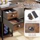 L-shaped desk in rustic brown with two fabric drawers and built-in charging station for versatile workspace.