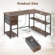 L-shaped desk with charging station, rustic brown finish, featuring 2 fabric drawers and open shelves for ample.