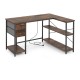 L-shaped desk in rustic brown with charging station, 2 fabric drawers, and open shelves for versatile workspace use.