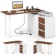 L-shaped desk with file cabinet, reversible design, and power outlet for organized workspace and flexible setup.