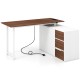 L-shaped desk with white finish and wood top, featuring a file cabinet, power outlet, and reversible design for.