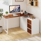 L-shaped desk with file cabinet, power outlet, and reversible design for flexible workspace organization.