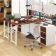 L-shaped desk with file cabinet and power outlet, featuring a reversible design and spacious workspace for organized.