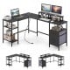 L-shaped black desk with monitor stands, open shelves, and power outlet for versatile office organization.