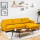 L-shaped yellow fabric sectional sofa with chaise lounge, solid wood legs, perfect for cozy living room relaxation.