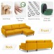 Detail view of the yellow L-shaped fabric sectional sofa highlighting the ergonomic armrest and thick padded cushions.