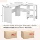 L-shaped white computer desk with 2 cable holes and 2 storage shelves, ideal for corner spaces and organized work.