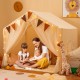 Cozy large beige toddler playhouse tent with door curtains, windows, and enchanting star lights for imaginative.