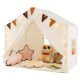Large beige toddler playhouse tent with door curtains, windows, and soft lighting, perfect for kids' playtime and.