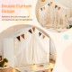 Large beige toddler playhouse tent featuring door curtains, windows, and colorful decorations for kids' fun and privacy.