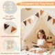 Large beige toddler playhouse tent with door curtains, windows, star lights, and colorful pennant banners for kids' fun.