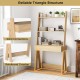 Ladder shelf desk bookcase in natural finish with 2 shelves and a drawer, ideal for corner placement and storage.
