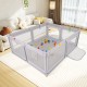 Large gray baby playpen with pull rings and ocean balls, featuring a sturdy structure and safe, waterproof play mat.