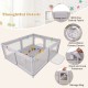 Large gray baby playpen with pull rings and ocean balls, featuring a sturdy design and anti-collision corner covers.