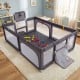 Large dark gray baby playpen with mat, ocean balls, pull rings, and zippered doors for safe play and easy storage.