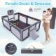 Large dark gray baby playpen with mat, ocean balls, and pull rings, designed for safe play and easy transport.