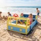 Large car-theme sandbox in blue with fir wood frame, designed for imaginative play and storage of sand toys at the.