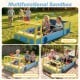 Large car-theme sandbox in blue with sensory play features, ideal for kids' imaginative play and toy storage.