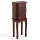 Walnut jewelry cabinet with five drawers and a mirror, offering powerful storage for all types of jewelry.