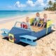 Large wooden kids sandbox in airplane design with bench seat, perfect for imaginative play at the beach or backyard.