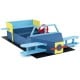 Large blue wooden kids sandbox with adjustable depth, rotatable rudder, and spacious bench for imaginative play.