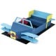 Large blue wooden kids sandbox with bench seat, rotatable rudder, and colorful propeller for imaginative play.