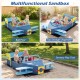 Large blue wooden kids sandbox with bench seat, functioning as a ball pool and sensory play tool for outdoor fun.