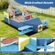 Large wooden kids sandbox in blue with safety handrail, adjustable sand depth, and spacious bench seat for outdoor play.