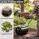 Lawn roller with green handle compresses topsoil and levels frost heave, ideal for preparing garden for seeding.