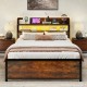 Full-size LED bed frame with storage headboard, power outlets, and adjustable lighting for a modern bedroom setup.