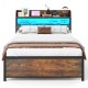 Full-size LED bed frame with storage headboard, power outlets, and adjustable colors for a modern bedroom setup.