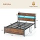 Full-size LED bed frame with storage headboard, power outlets, and adjustable colors, designed for easy assembly and.
