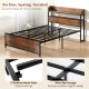 Full-size LED bed frame with storage headboard, power outlets, and slatted platform for easy setup and restful sleep.