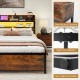 Full-size LED bed frame with storage headboard, power outlets, and safe round corners for added convenience and style.