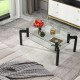 Rectangular glass coffee table with black metal tube legs, featuring a lower shelf for storage, ideal for living room.
