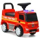 Licensed Mercedes Benz kids fire engine racer in red with warning lights, ergonomic seat, and storage for toys.