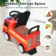 Red kids fire engine ride-on toy featuring hidden storage space for toys and snacks, ideal for ages 12 to 36 months.